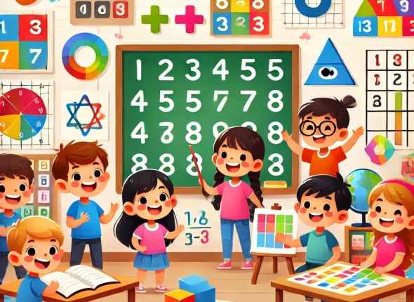 DALL·E 2025-02-05 23.33.36 - An illustration of young children learning basic math concepts such as addition, subtraction, multiplication, and geometric shapes. The scene is in a